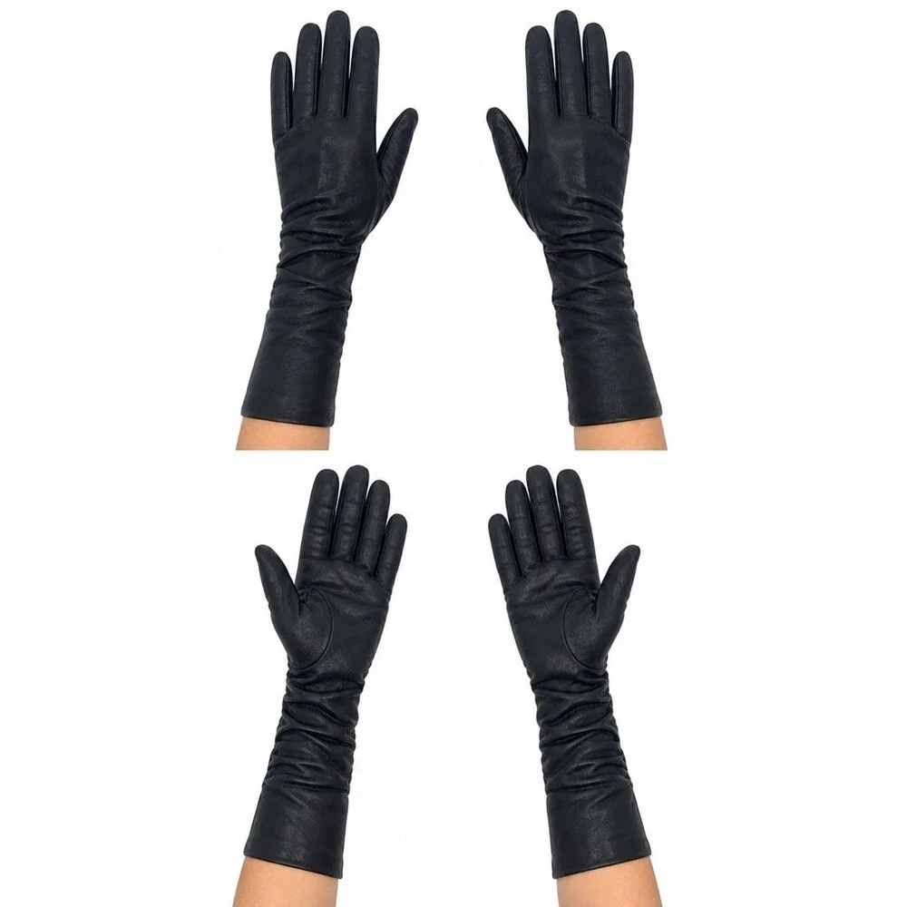 Adolfo Dominguez Black Ruched Leather Long Gloves womens Size 7½
